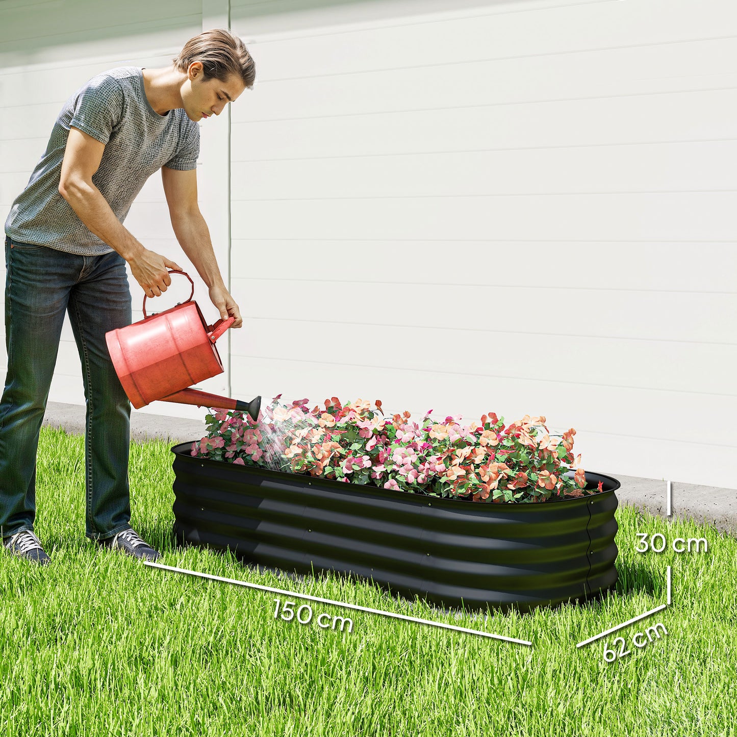 Galvanised Raised Garden Bed Planter Box with Safety Edging, Black