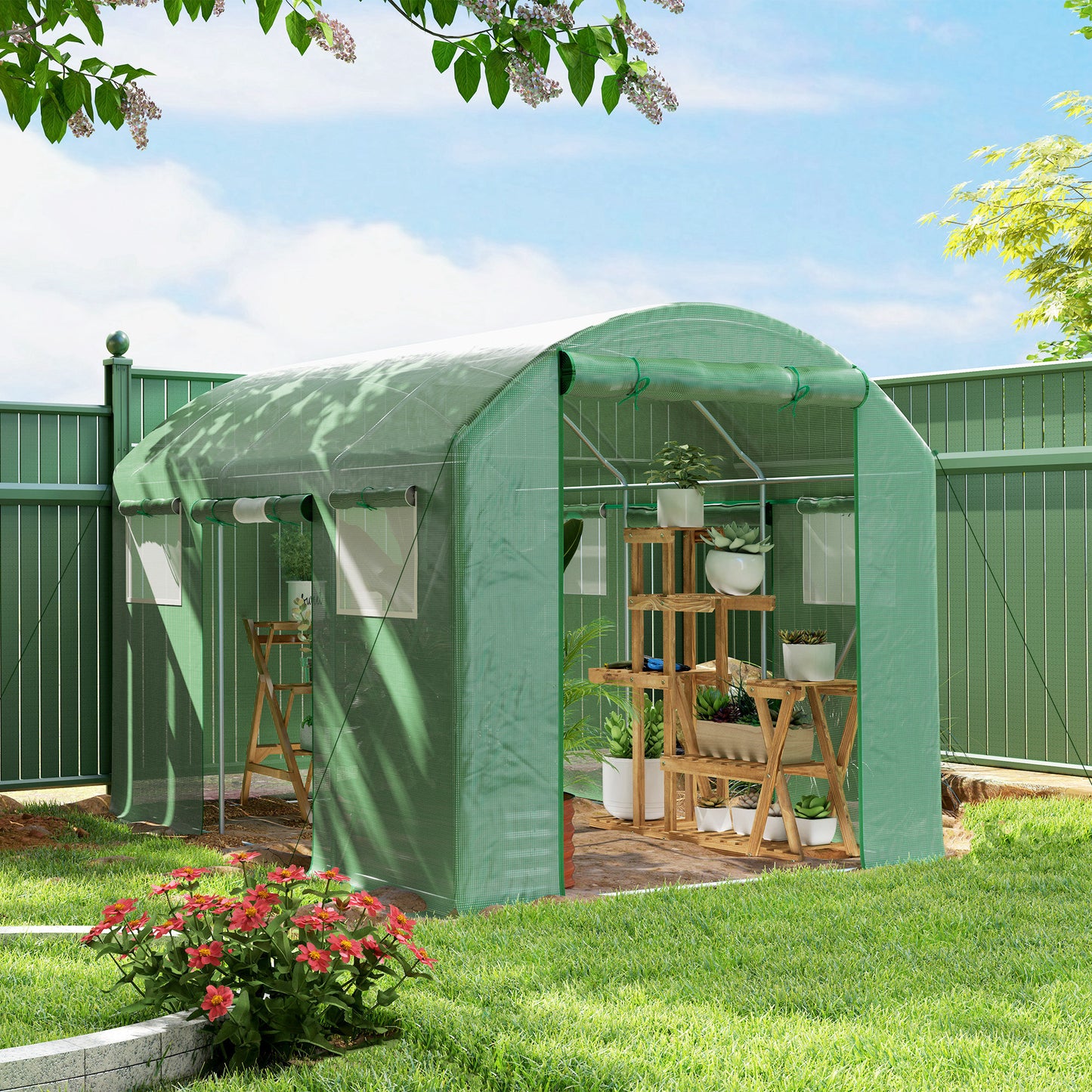 Polytunnel Greenhouse with 3 Roll-up Doors, 3 x 2 x 2m, Green