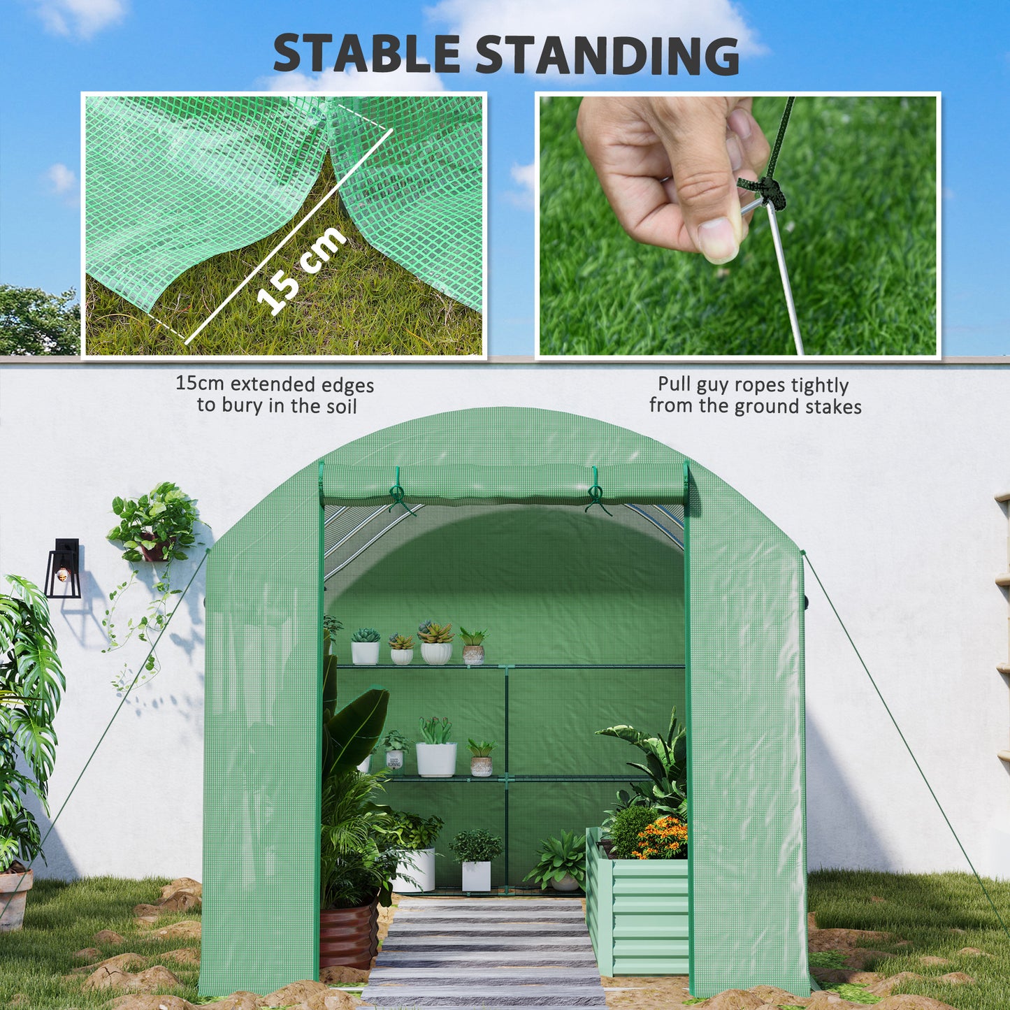 Polytunnel Greenhouse with 3 Roll-up Doors, 3 x 2 x 2m, Green