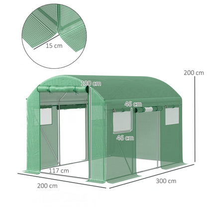 Polytunnel Greenhouse with 3 Roll-up Doors, 3 x 2 x 2m, Green