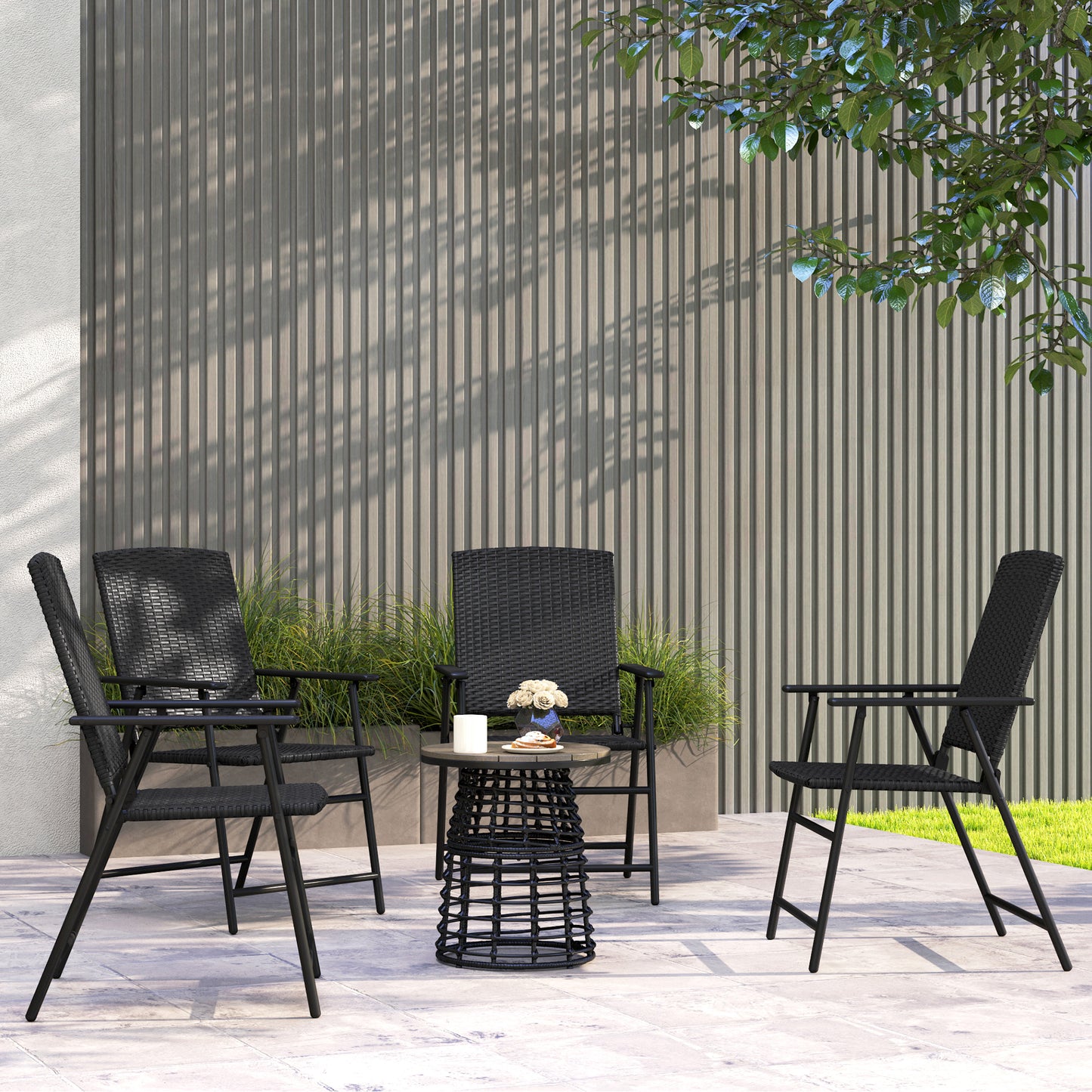 4pcs Rattan Chair Foldable Garden Furniture w/ Armrest Black