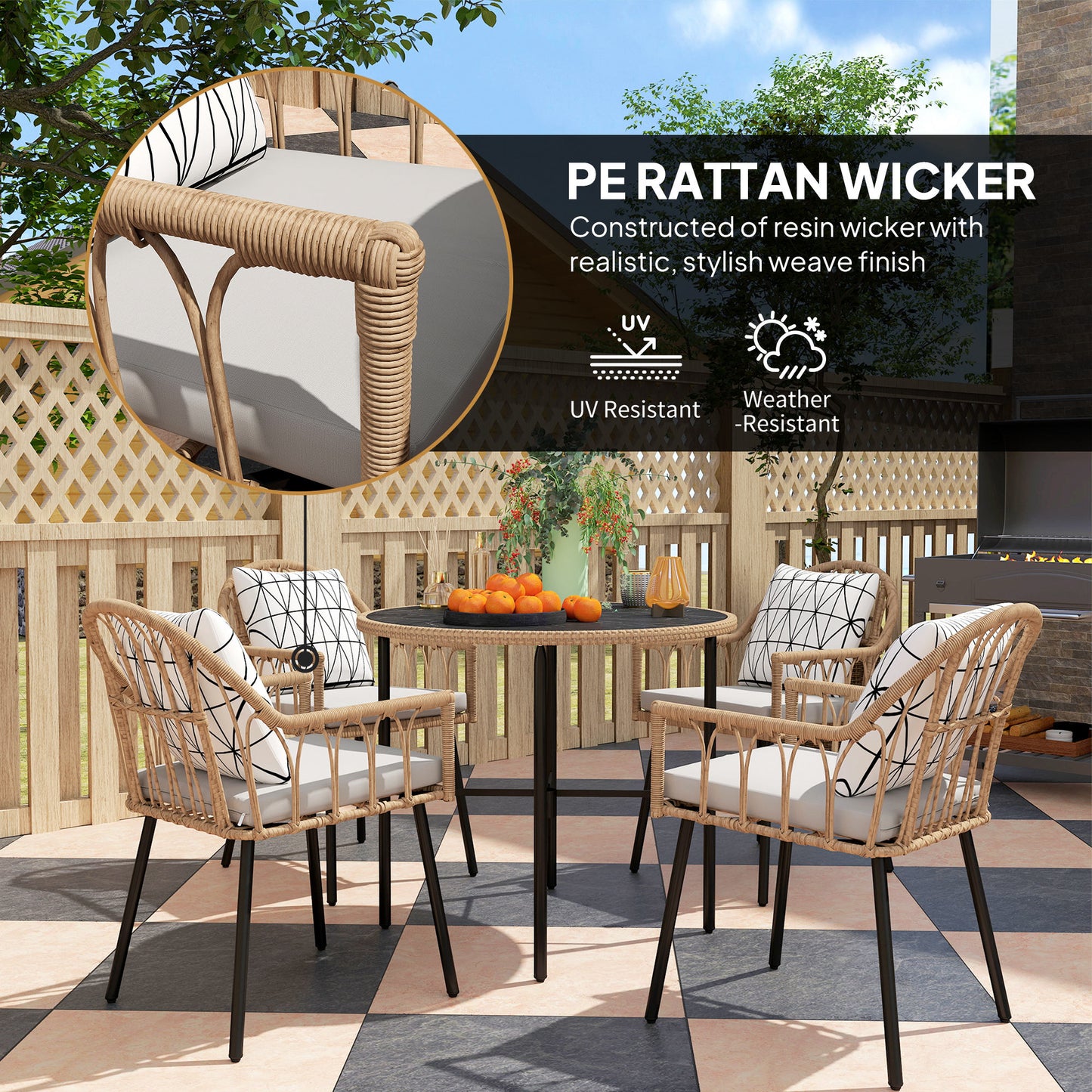 5 Piece Patio Rattan Dining Set w/ Removable Cushions, Light Brown