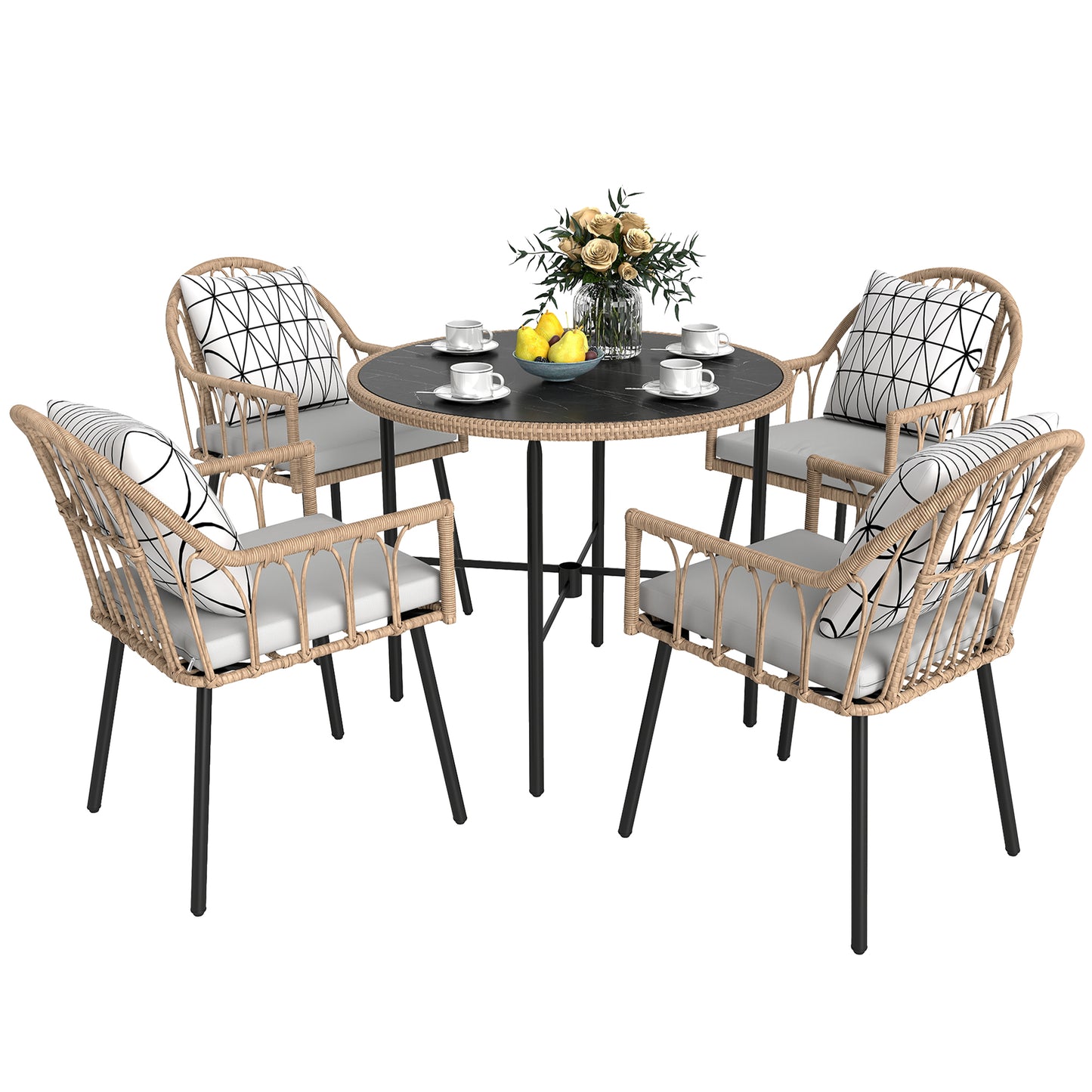 5 Piece Patio Rattan Dining Set w/ Removable Cushions, Light Brown