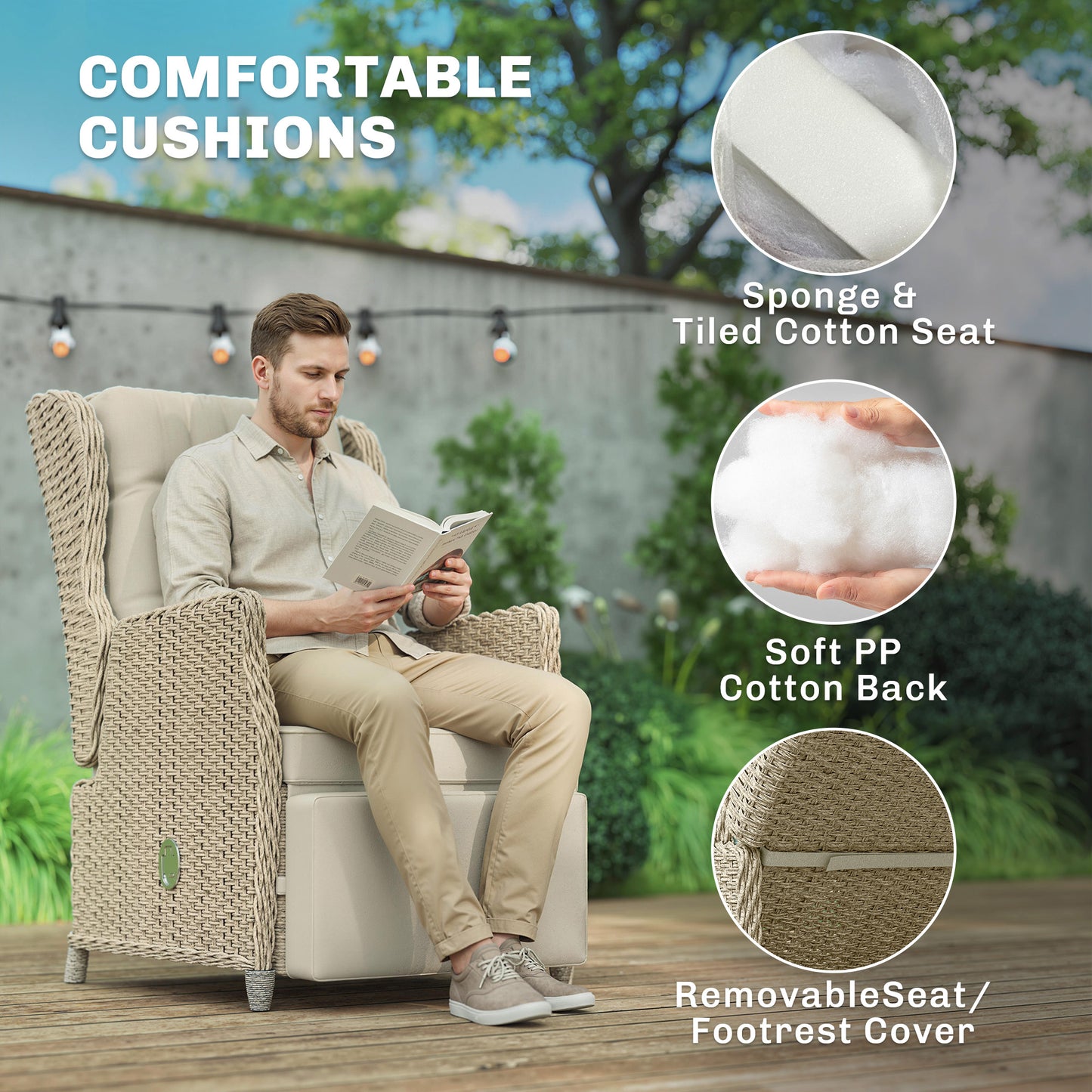 Rattan Garden Recliner Chair with Flip Table, Brown