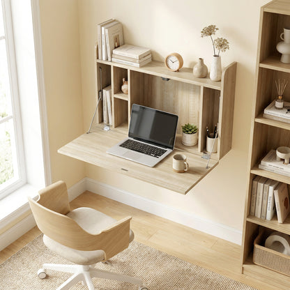 Wall Mounted Table w/ Space Saving Storage Compartments, Oak