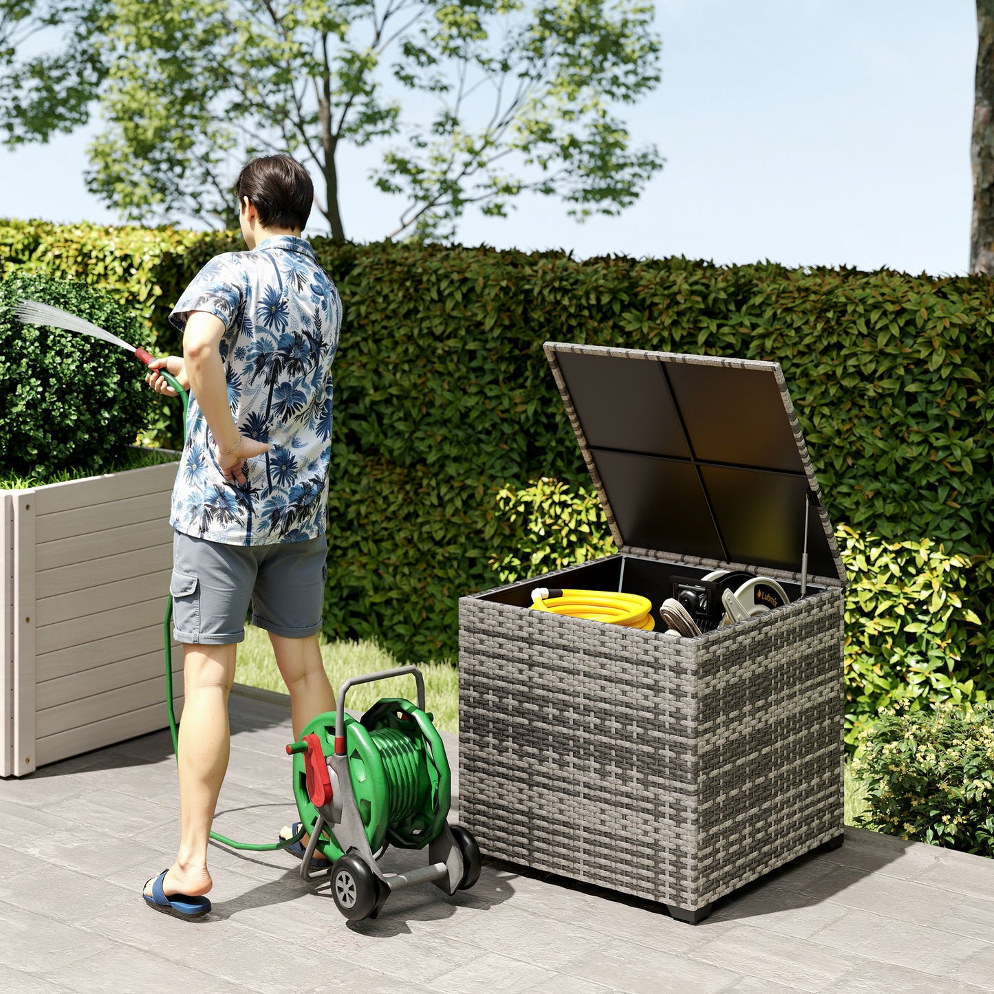 253L Garden Storage Box, Rattan Deck Box with Liner, Mixed Grey