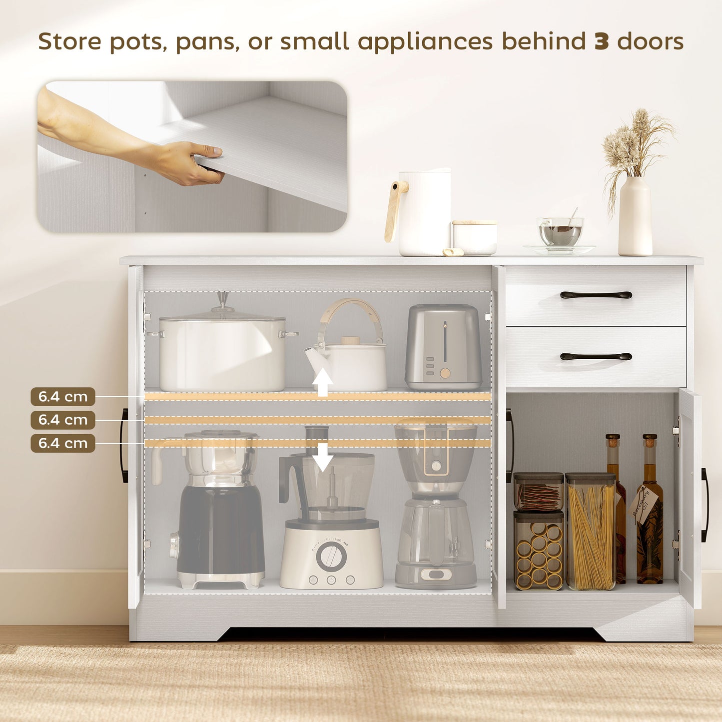 Sideboard with Soft-Close Doors, Modern Storage Cabinet White