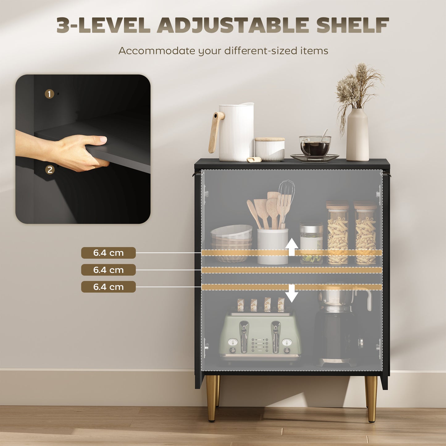 Sideboard Buffet Cabinet, Modern Kitchen Storage Cabinet with 2 Doors and Adjustable Shelf, Living Room Sideboard with Metal Legs for Hallway, Black