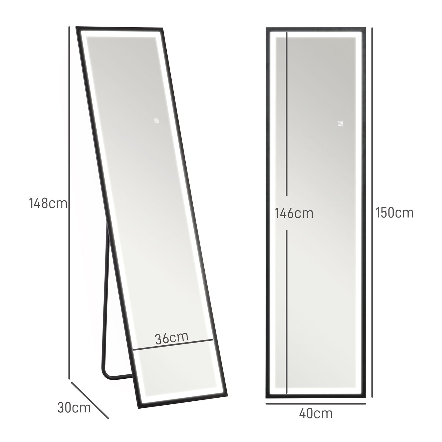 150 x 40cm Full Length Mirror w/ Adjustable Lights Metal Frame Black