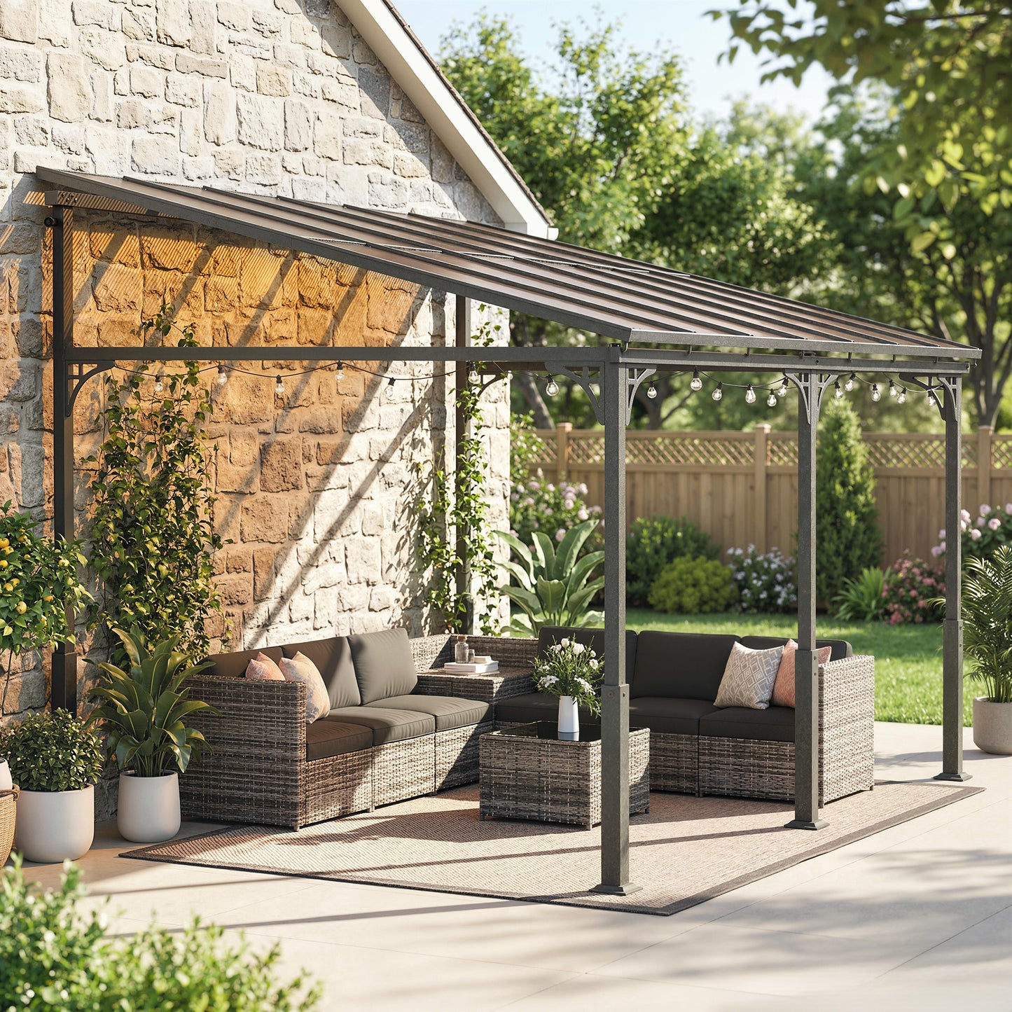 4 x 3 m Metal Lean-to Hardtop Gazebo, Wall-Mounted Pergola