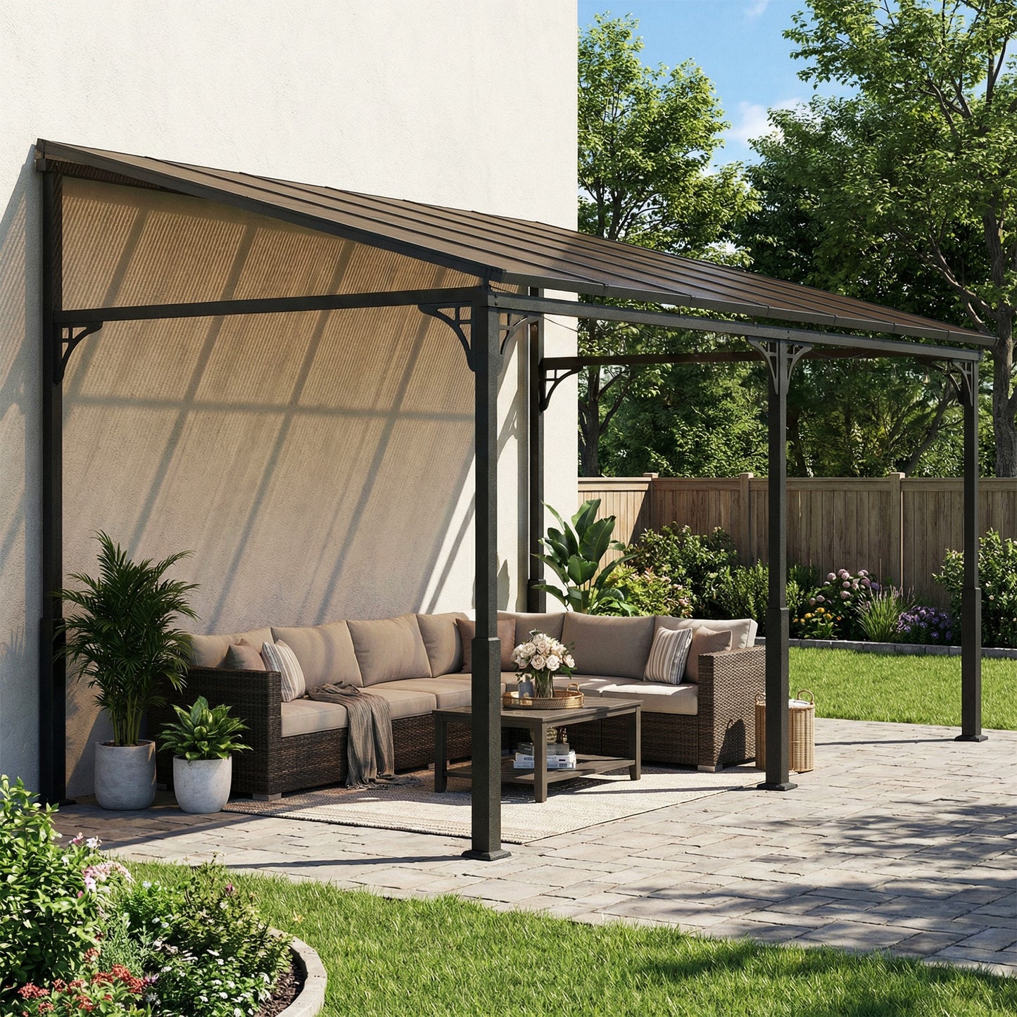 4 x 3 m Metal Lean-to Hardtop Gazebo, Wall-Mounted Pergola
