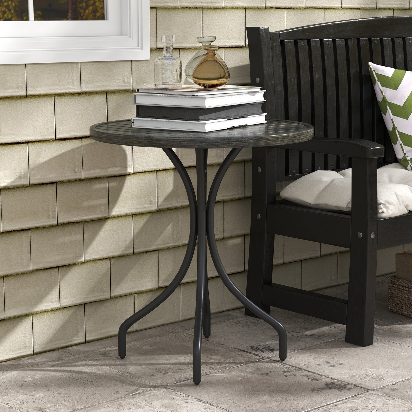 Round Garden Table Outdoor Side Table with Steel Frame Grey