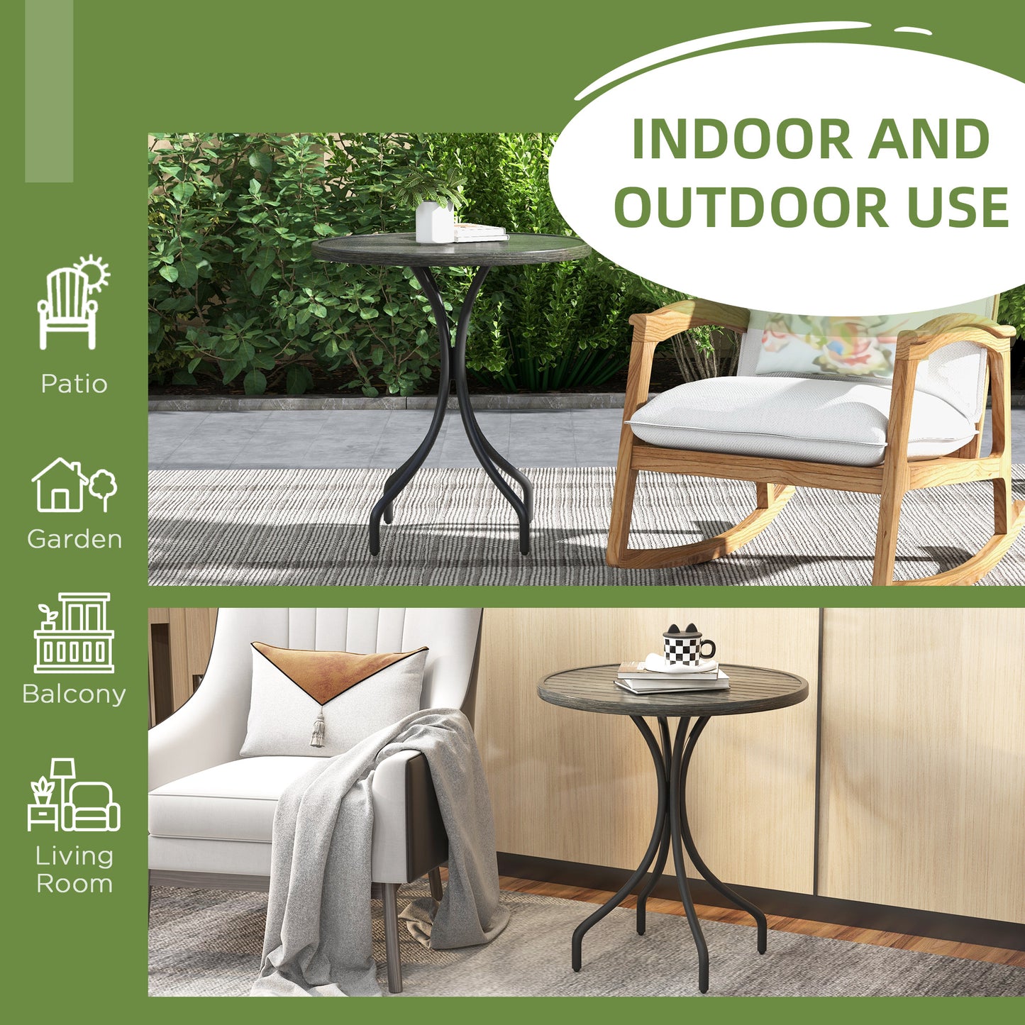 Round Garden Table Outdoor Side Table with Steel Frame Grey