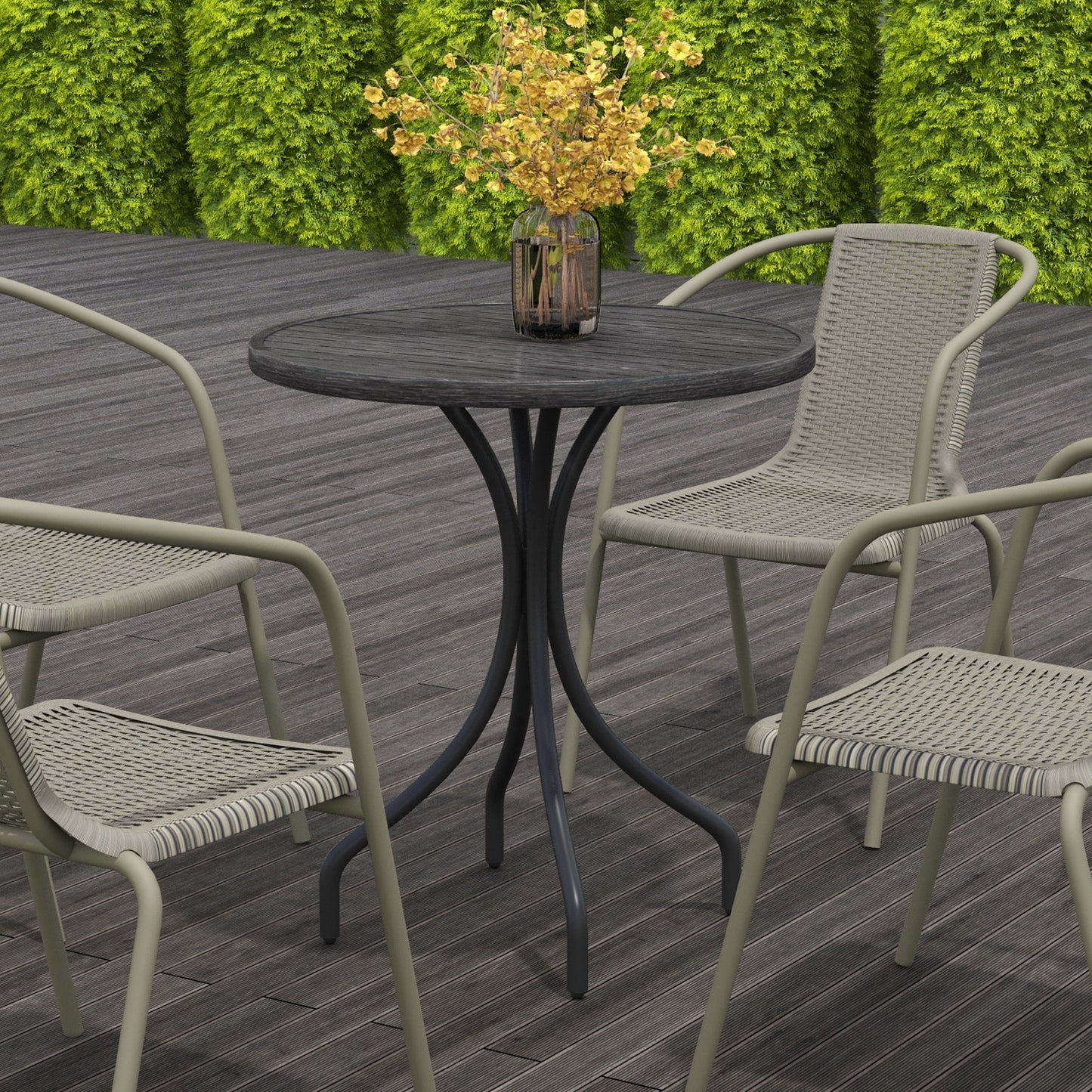 Round Garden Table Outdoor Side Table with Steel Frame Grey