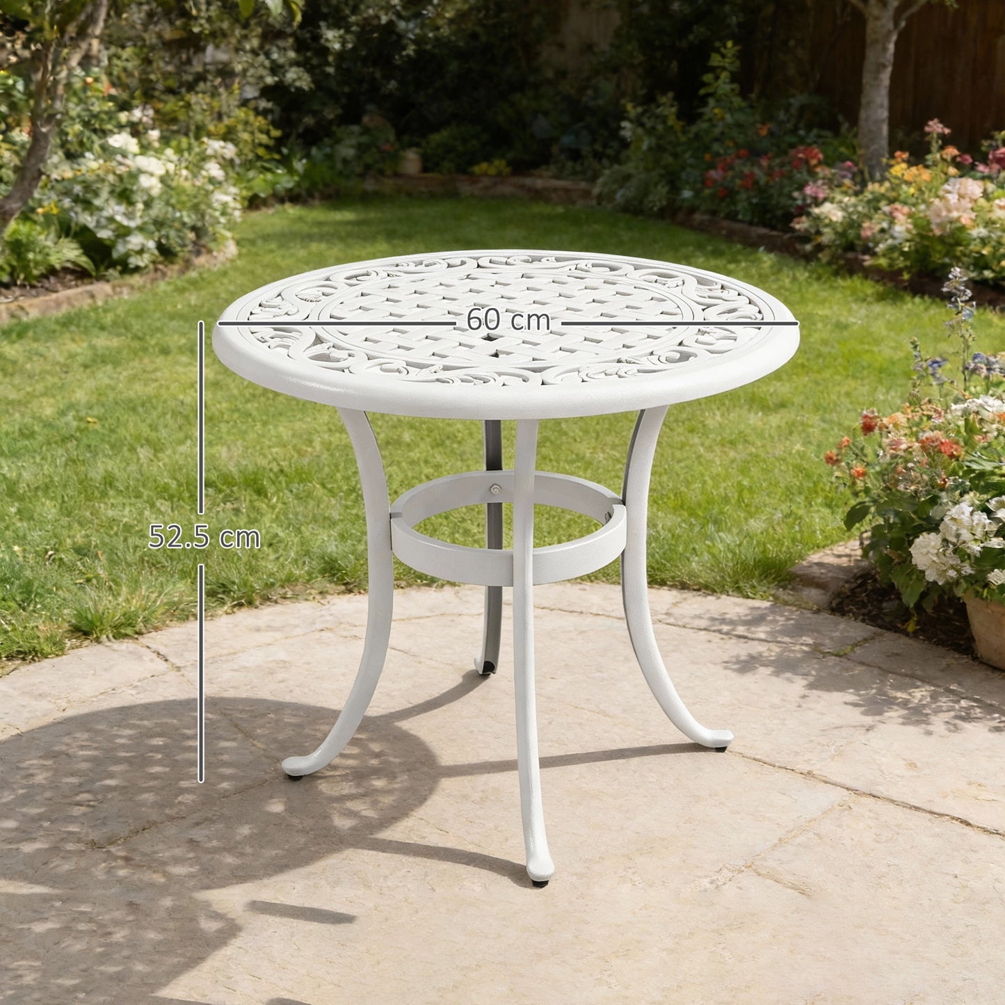 60cm Round Garden Table with Cast Aluminium Frame, White