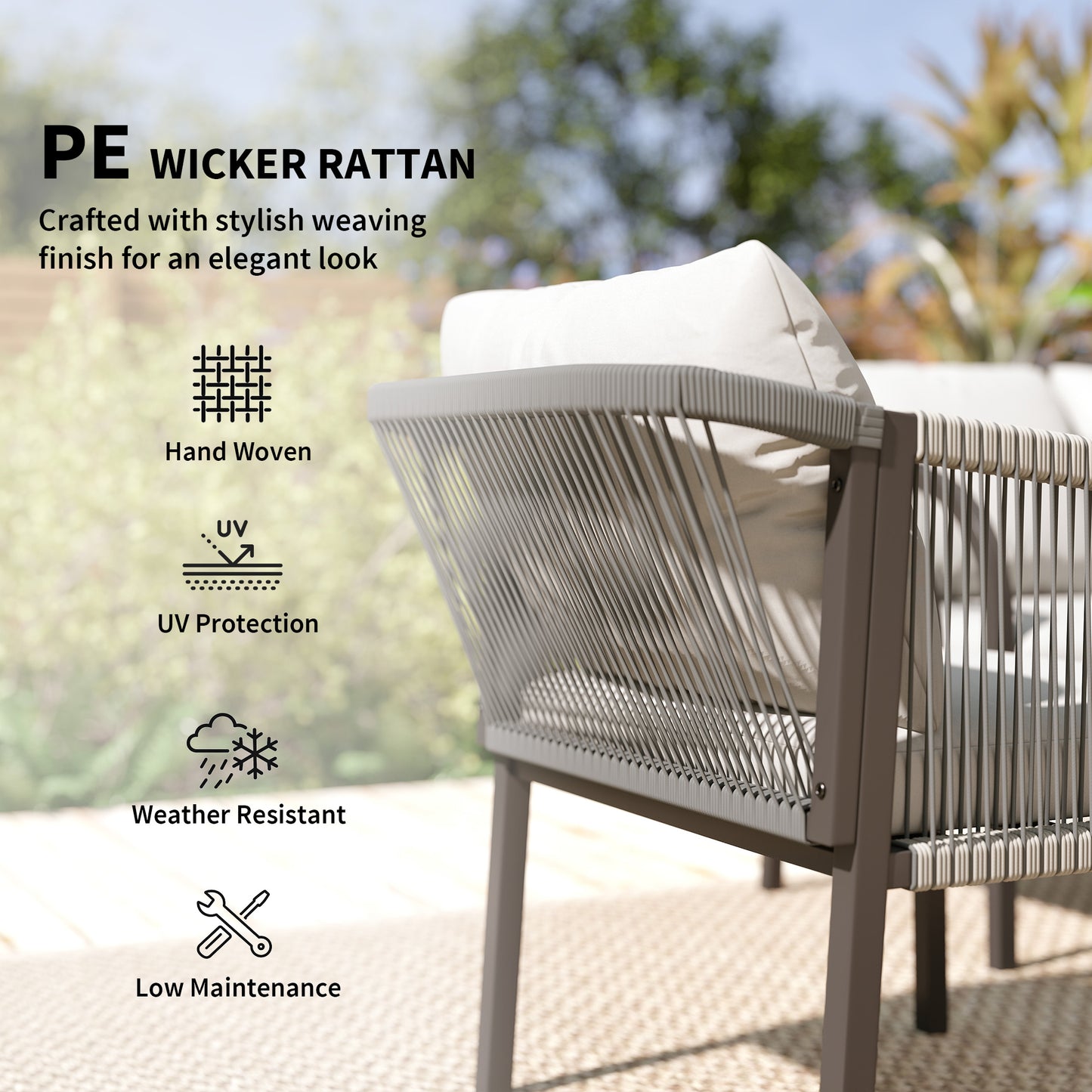 4 Piece Rattan Garden Furniture Set w/ Steel Frame, Cushions, Grey