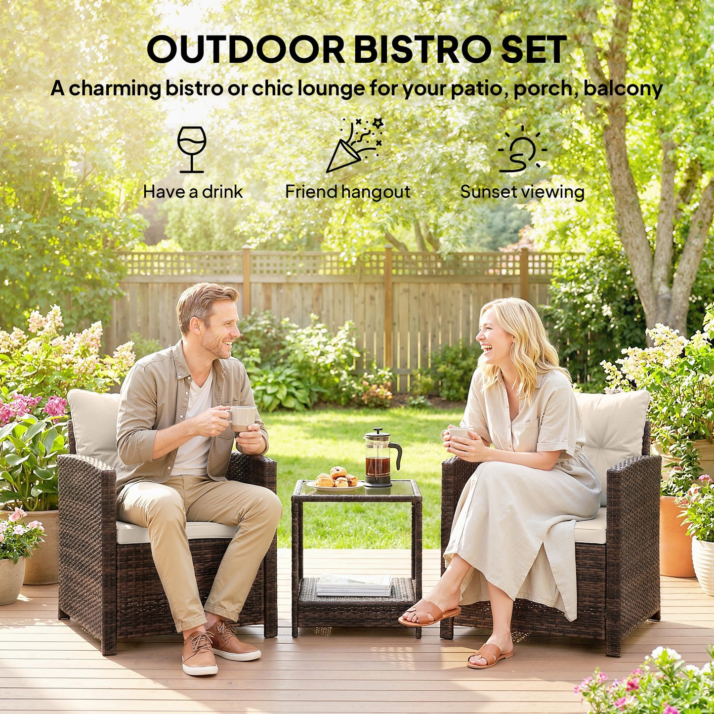Rattan Garden Furniture Bistro Set with Cushion, Mixed Brown