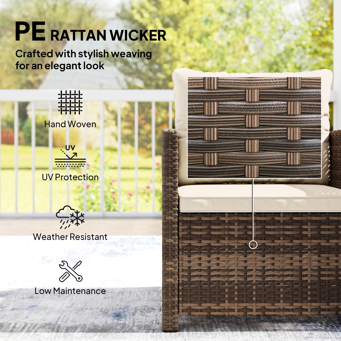 Rattan Garden Furniture Bistro Set with Cushion, Mixed Brown