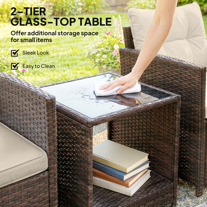 Rattan Garden Furniture Bistro Set with Cushion, Mixed Brown