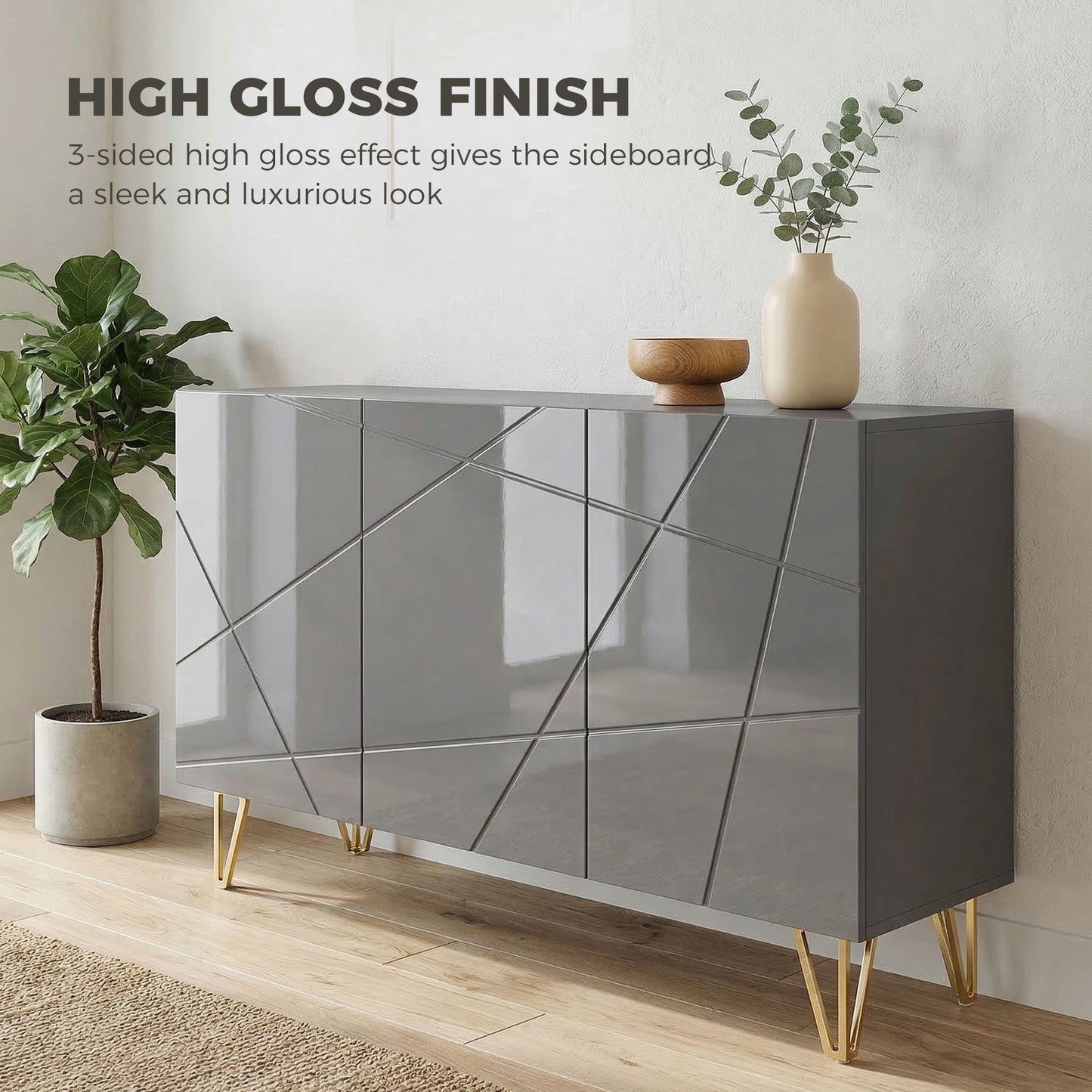 Storage Cabinet, Sideboard with Adjustable Shelves, High Gloss Grey