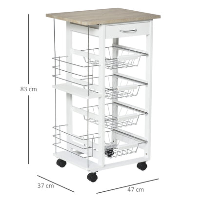 Rolling Kitchen Cart, Utility Storage Cart with 4 Basket Drawers & Side Racks, Wheels for Dining Room, Brown
