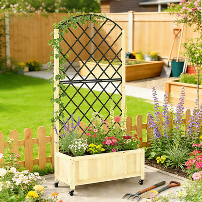 Garden Bed w/Metal Trellis, Wooden Elevated Planter Box, Natural