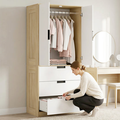 2 Door Wardrobe with 3 Drawers & Hanging Rail, Modern Clothes Storage Cupboard Unit, Bedroom Wardrobe with Soft Closing Hinge, 50D x 80W x 180Hcm, Oak