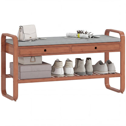 Shoe Bench with 2 Drawers, Shoe Storage Bench with Cushioned Seat, Storage Shelf and Bamboo Frame, 130 kg Weight Capacity, 105 x 33.2 x 55 cm, Dark Brown and Grey