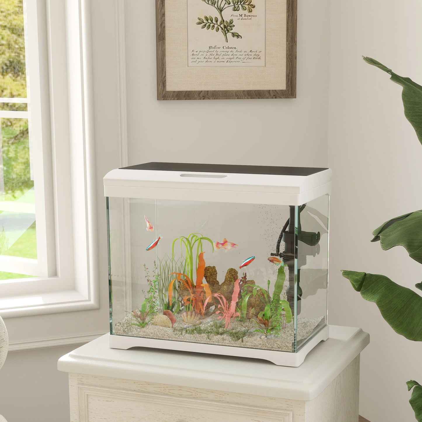 27L Fish Tank, Glass Aquarium with Filter System, LED Light, Water Pump, Fish Tank Starter Kits for Betta, Goldfish, Shrimps, Cold Water Fish, White