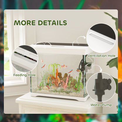 27L Fish Tank, Glass Aquarium with Filter System, LED Light, Water Pump, Fish Tank Starter Kits for Betta, Goldfish, Shrimps, Cold Water Fish, White