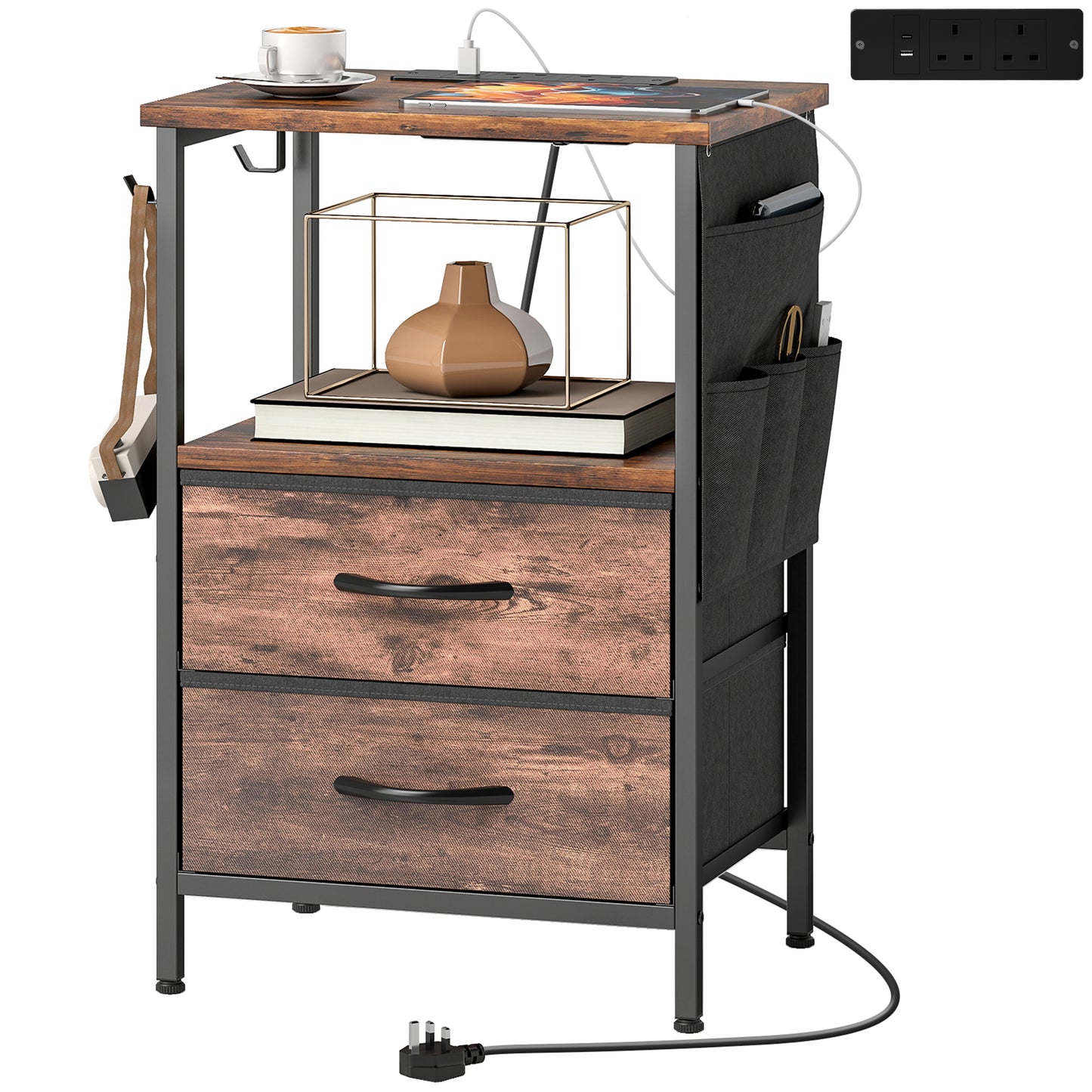Slim Side Table with Charging Station, Bedside Table, Rustic Brown