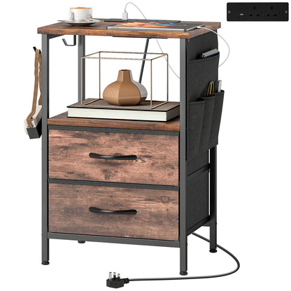 Slim Side Table with Charging Station, Bedside Table, Rustic Brown