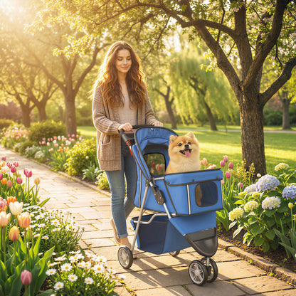 Pet Stroller Pushchair Carrier for Cat Puppy with 3 Wheels Blue
