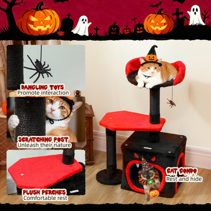Gothic Cat Tree, Multilevel Cat Climbing Tower with Scratching Posts, Devil-Face Condo, Platform, Bed and Spider Toy, 83cm Indoor Kitty Activity Centre, Black, Halloween