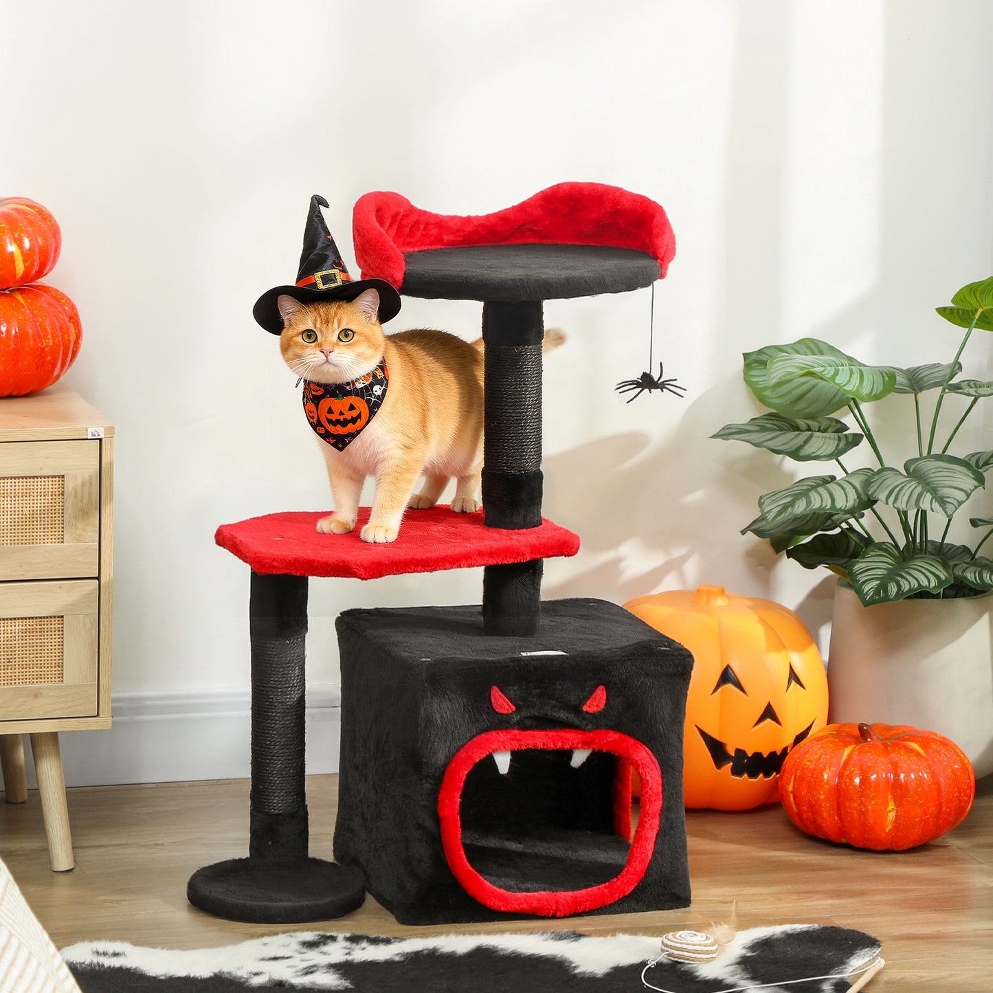 Gothic Cat Tree, Multilevel Cat Climbing Tower with Scratching Posts, Devil-Face Condo, Platform, Bed and Spider Toy, 83cm Indoor Kitty Activity Centre, Black, Halloween