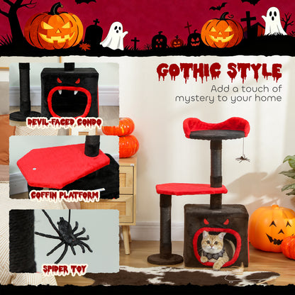 Gothic Cat Tree, Multilevel Cat Climbing Tower with Scratching Posts, Devil-Face Condo, Platform, Bed and Spider Toy, 83cm Indoor Kitty Activity Centre, Black, Halloween