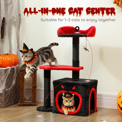 Gothic Cat Tree, Multilevel Cat Climbing Tower with Scratching Posts, Devil-Face Condo, Platform, Bed and Spider Toy, 83cm Indoor Kitty Activity Centre, Black, Halloween