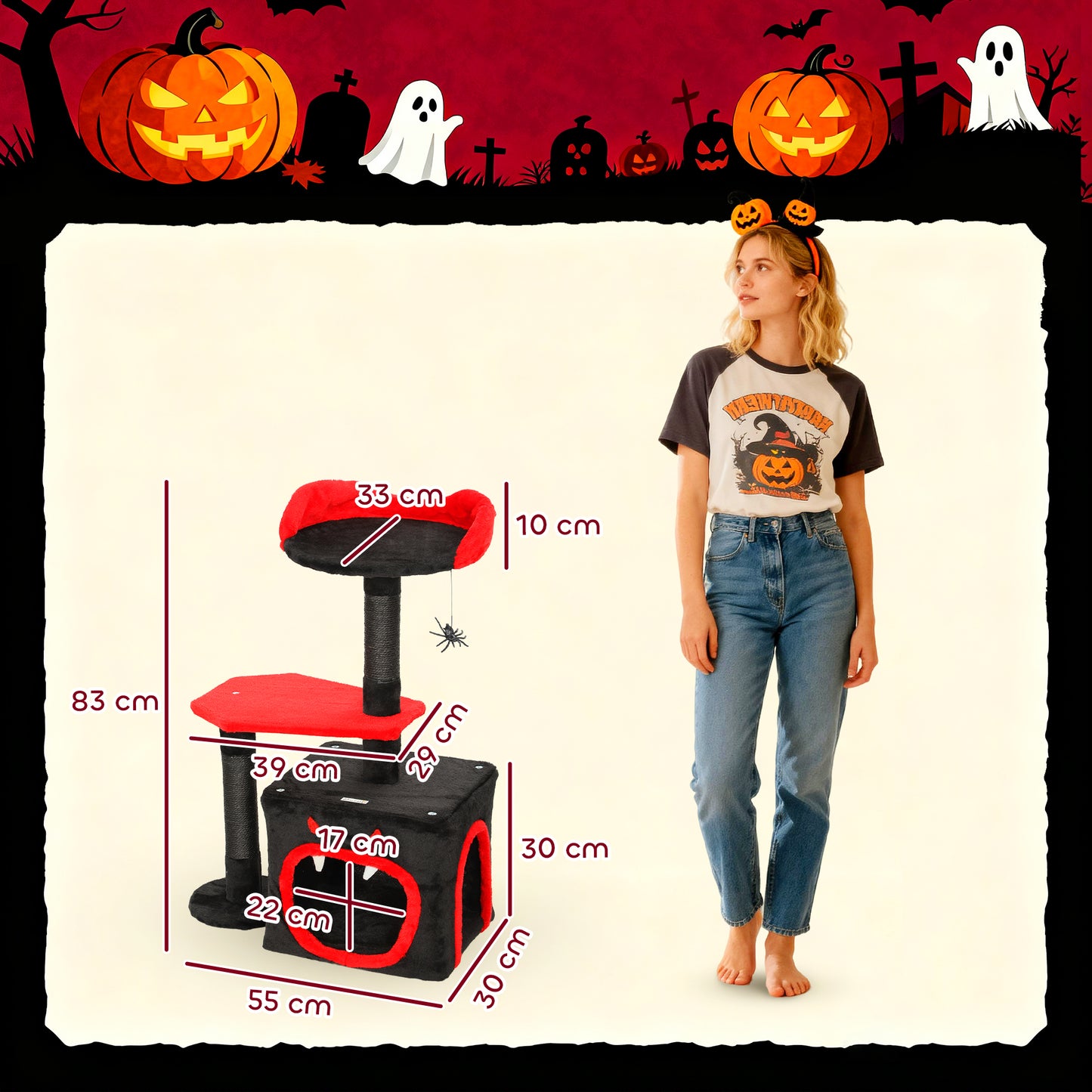Gothic Cat Tree, Multilevel Cat Climbing Tower with Scratching Posts, Devil-Face Condo, Platform, Bed and Spider Toy, 83cm Indoor Kitty Activity Centre, Black, Halloween