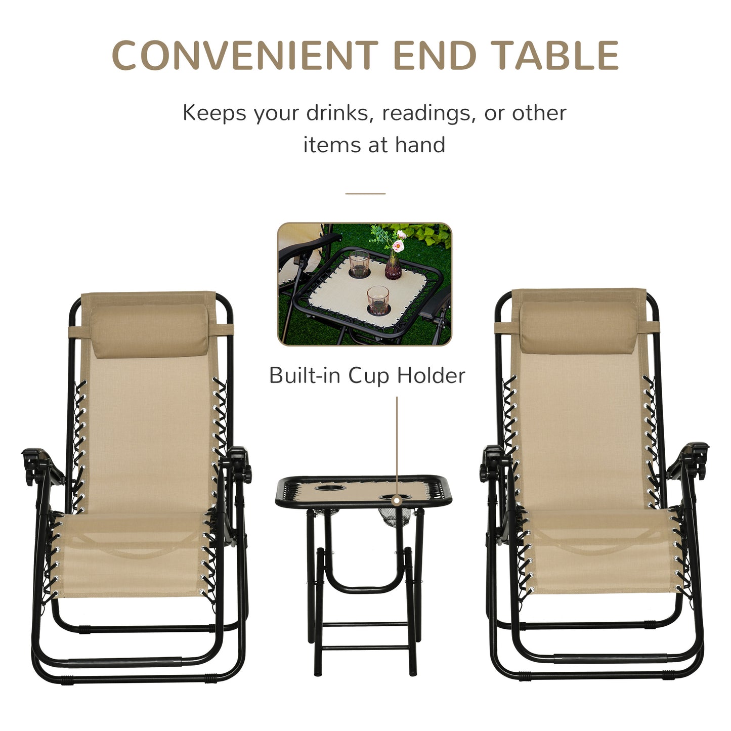 3PC Zero Gravity Chairs Sun Lounger Table Set w/ Cup Holders, Beige