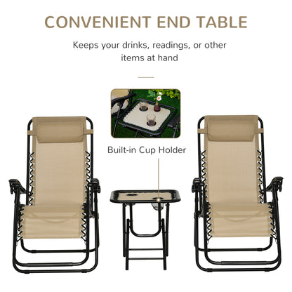 3PC Zero Gravity Chairs Sun Lounger Table Set w/ Cup Holders, Beige