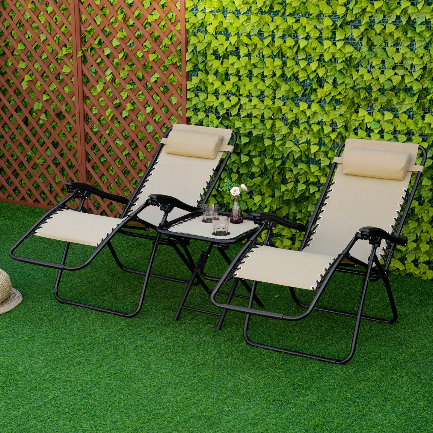 3PC Zero Gravity Chairs Sun Lounger Table Set w/ Cup Holders, Beige
