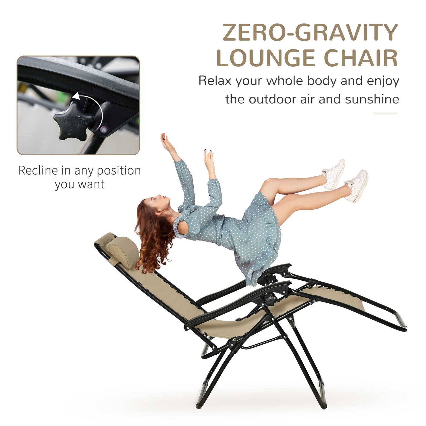 3PC Zero Gravity Chairs Sun Lounger Table Set w/ Cup Holders, Beige