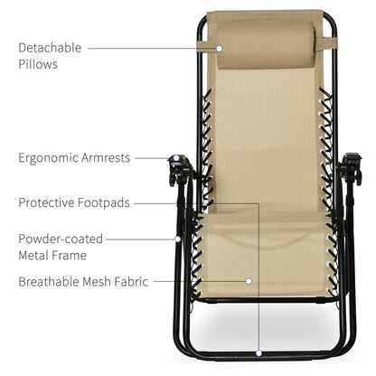 3PC Zero Gravity Chairs Sun Lounger Table Set w/ Cup Holders, Beige