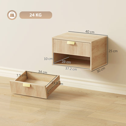 Floating Bedside Tables Set of 2 with Fluted Drawer Open Shelf Oak
