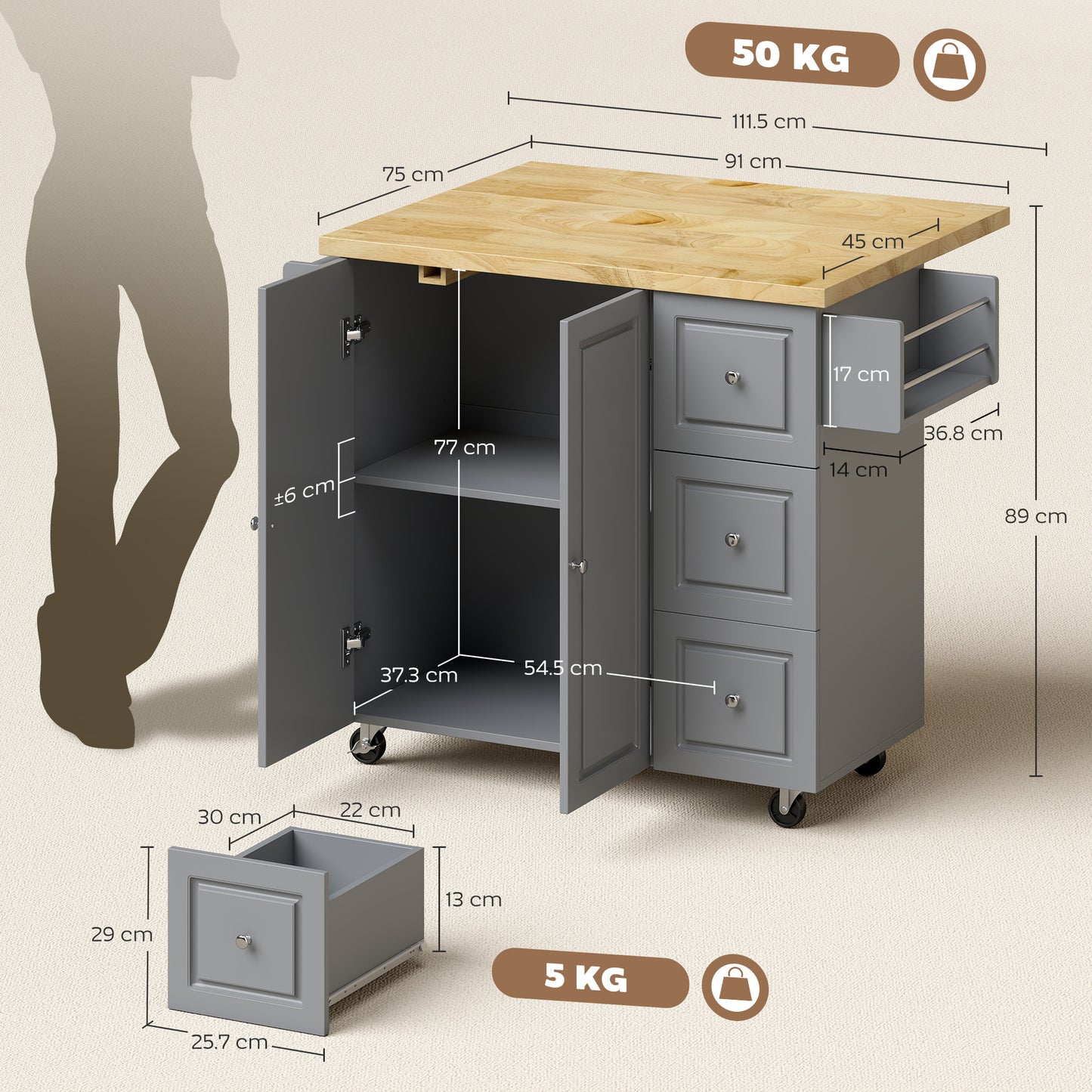 Rolling Kitchen Island, Kitchen Storage Trolley w/ Drop Leaf, Drawers