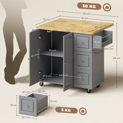 Rolling Kitchen Island, Kitchen Storage Trolley w/ Drop Leaf, Drawers