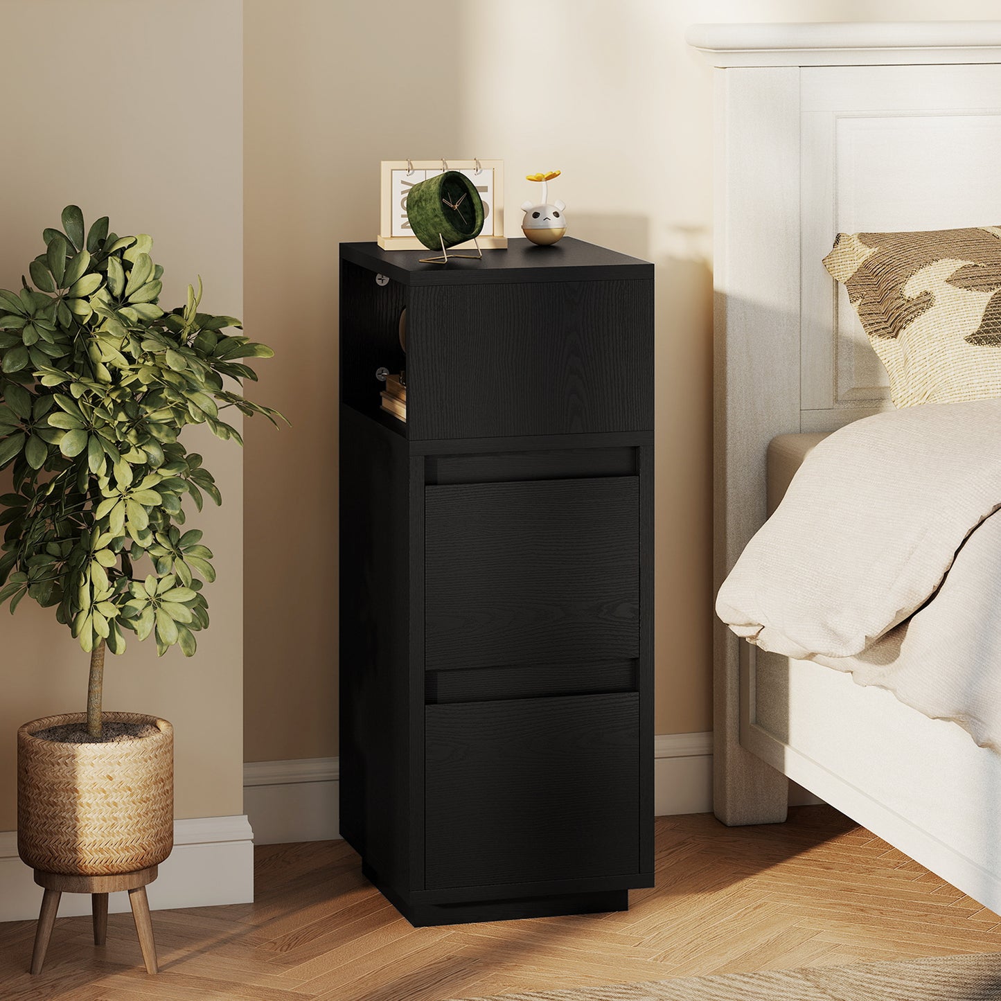 Slim Bedside Table, Bedside Cabinet with Open Shelf and 2 Drawers