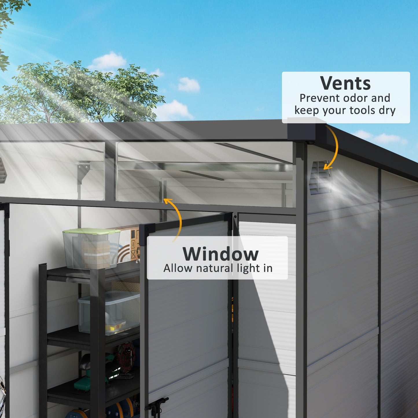 6 x 6ft Plastic Garden Shed with Windows and Air Vents, Light Grey