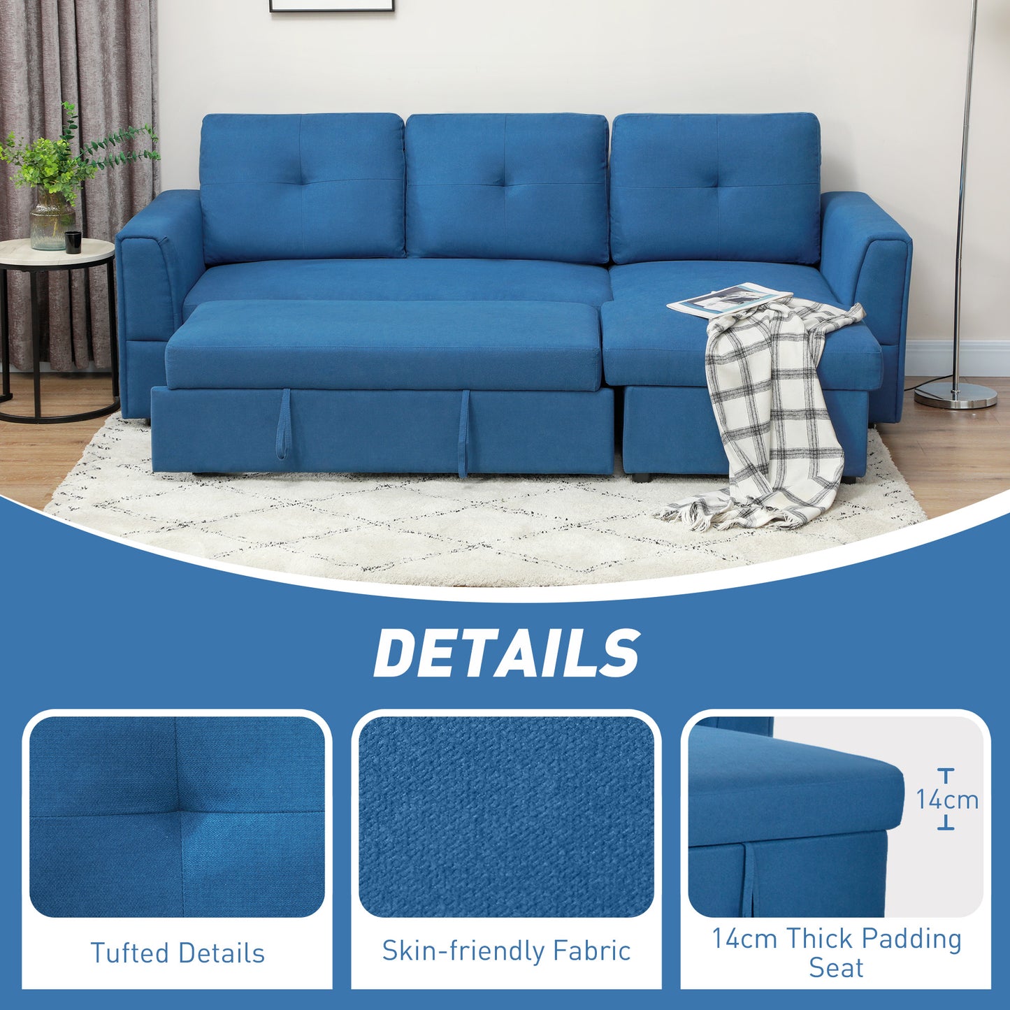 3 Seater Sofa Bed, Convertible Pull Out Sofa with Storage, Dark Blue