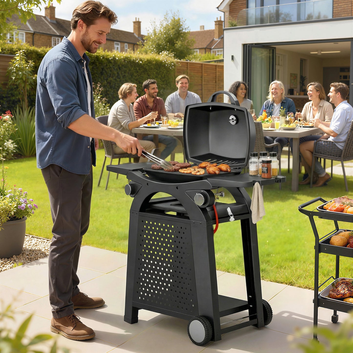 2 Burner Gas Grill, 3.8 KW Barbecue Grill with Cast Iron Grates